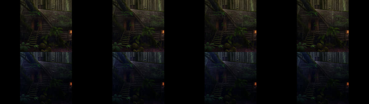 An animated forest cabin and a darker, bluer copy of the same animation
